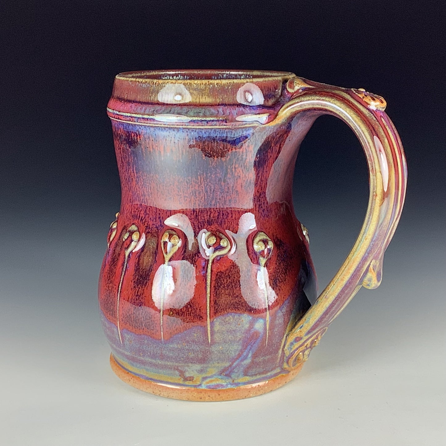 Handmade Stoneware Coffee Mug: Red Purple Glaze, Slip-Dotted