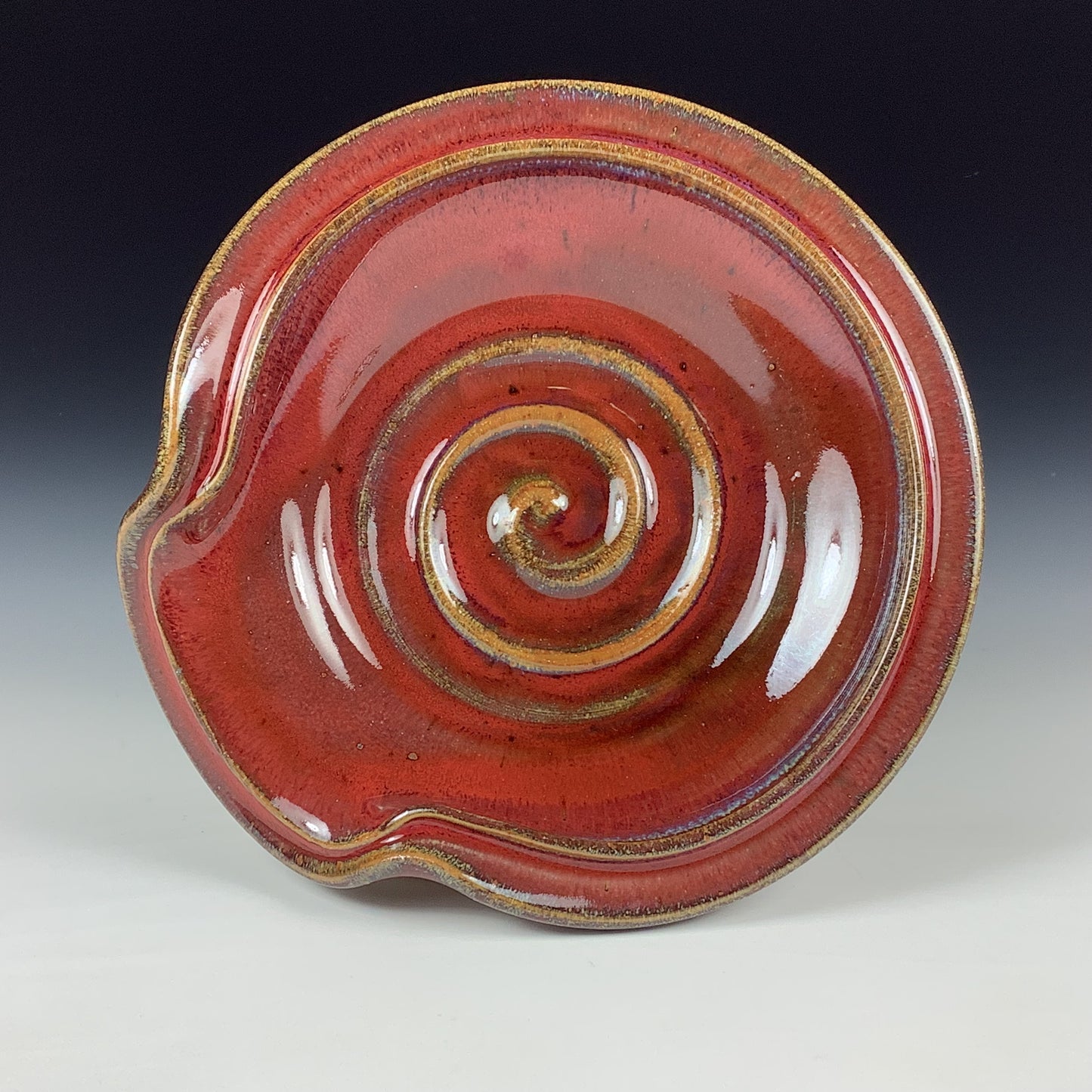 Handmade Ceramic Spoon Rest: Red Glaze, Spiral