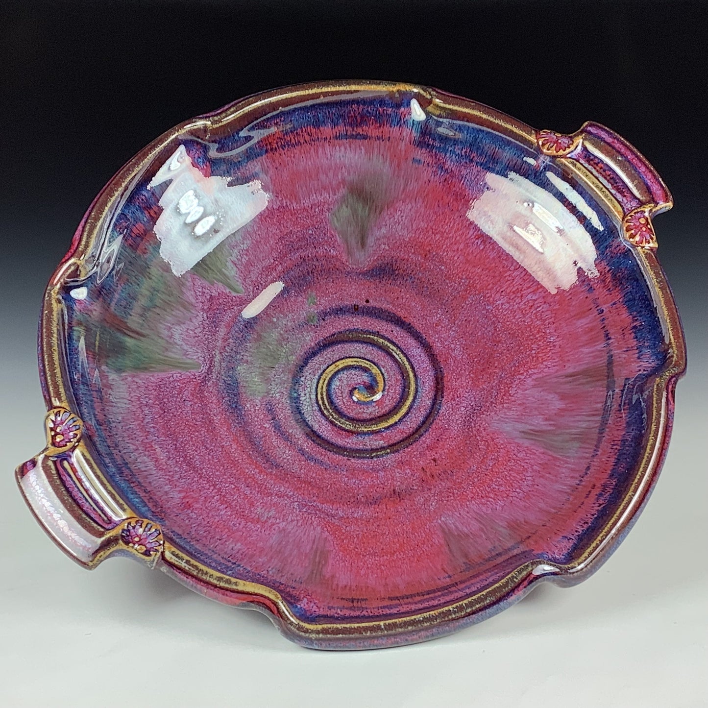 Handmade Stoneware Pottery Purple Red Glazed Serving Dish with Handles - Item 4075