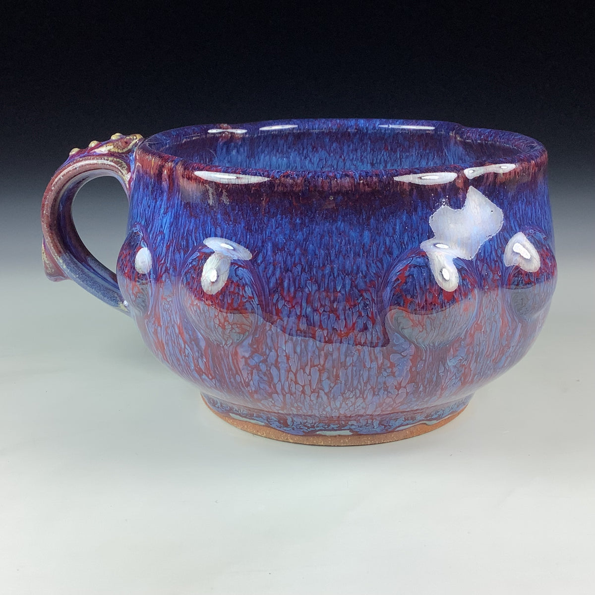 Handmade Ceramic Pottery Bowl with Handle, Red Purple Bump Glaze