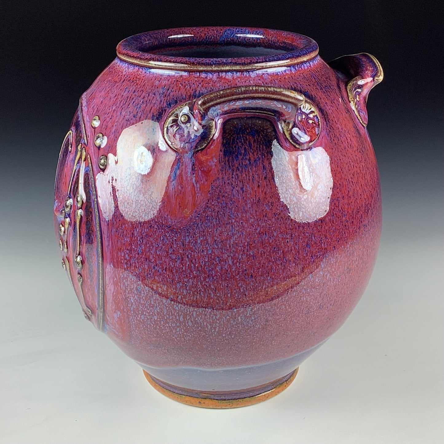 Handmade Stoneware Pottery Slip Trail Bamboo Purple Red Glaze Vase - Item 4095