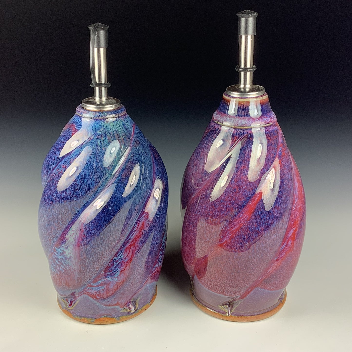 Handmade Ceramic Olive Oil Dispensers, Set of Two: Purple Red Twisty Stoneware Cruet - Item 3950