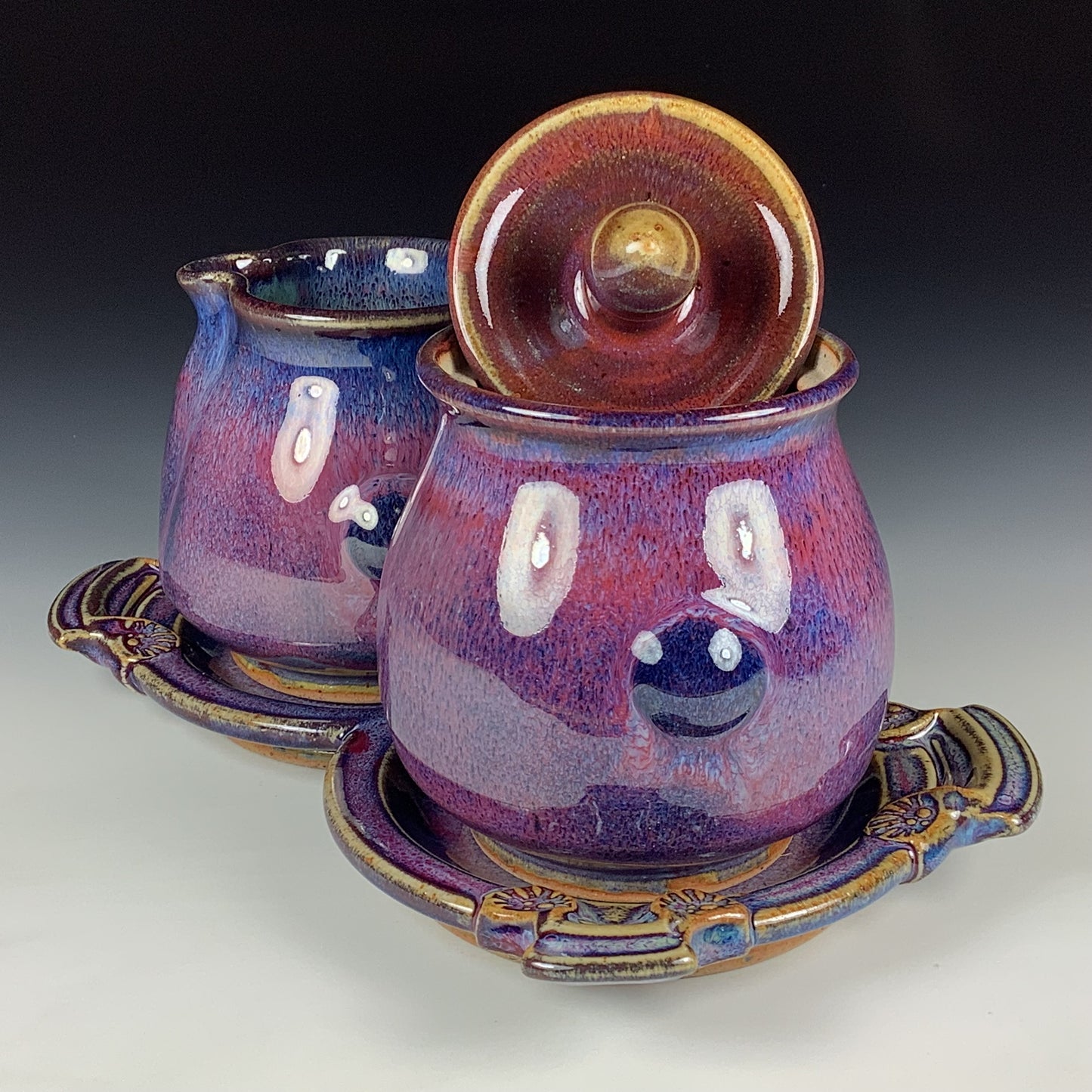 Handmade Stoneware pottery Cream & Sugar Set with Tray, Red Purple Bump Glaze - Item 4069