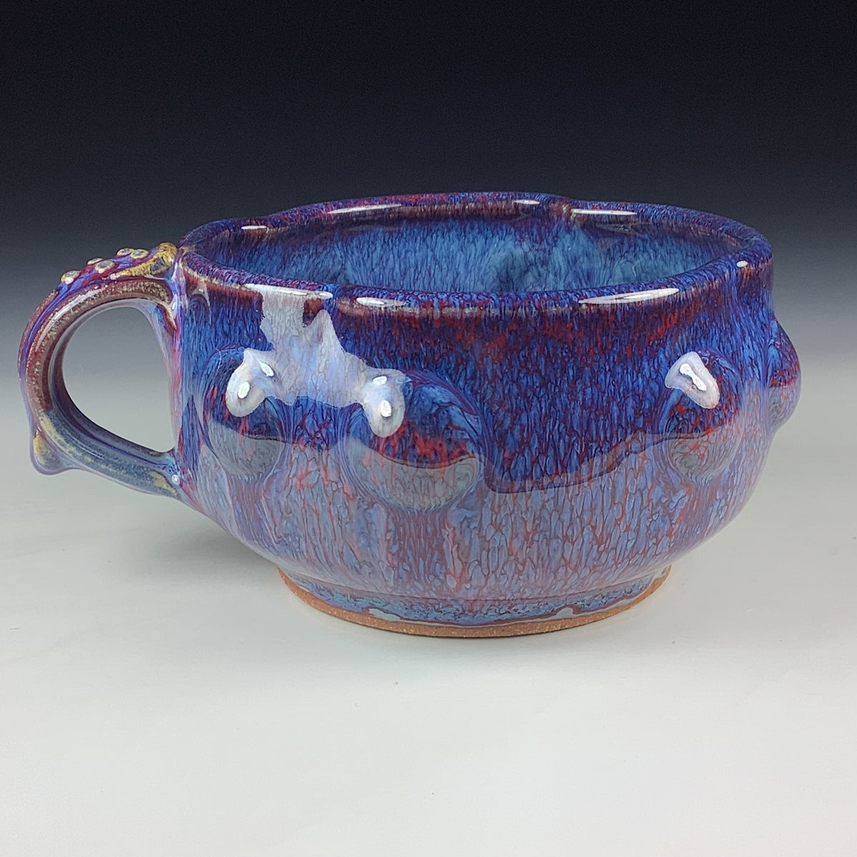 Handmade Ceramic Pottery Bowl with Handle, Red Purple Bump Glaze