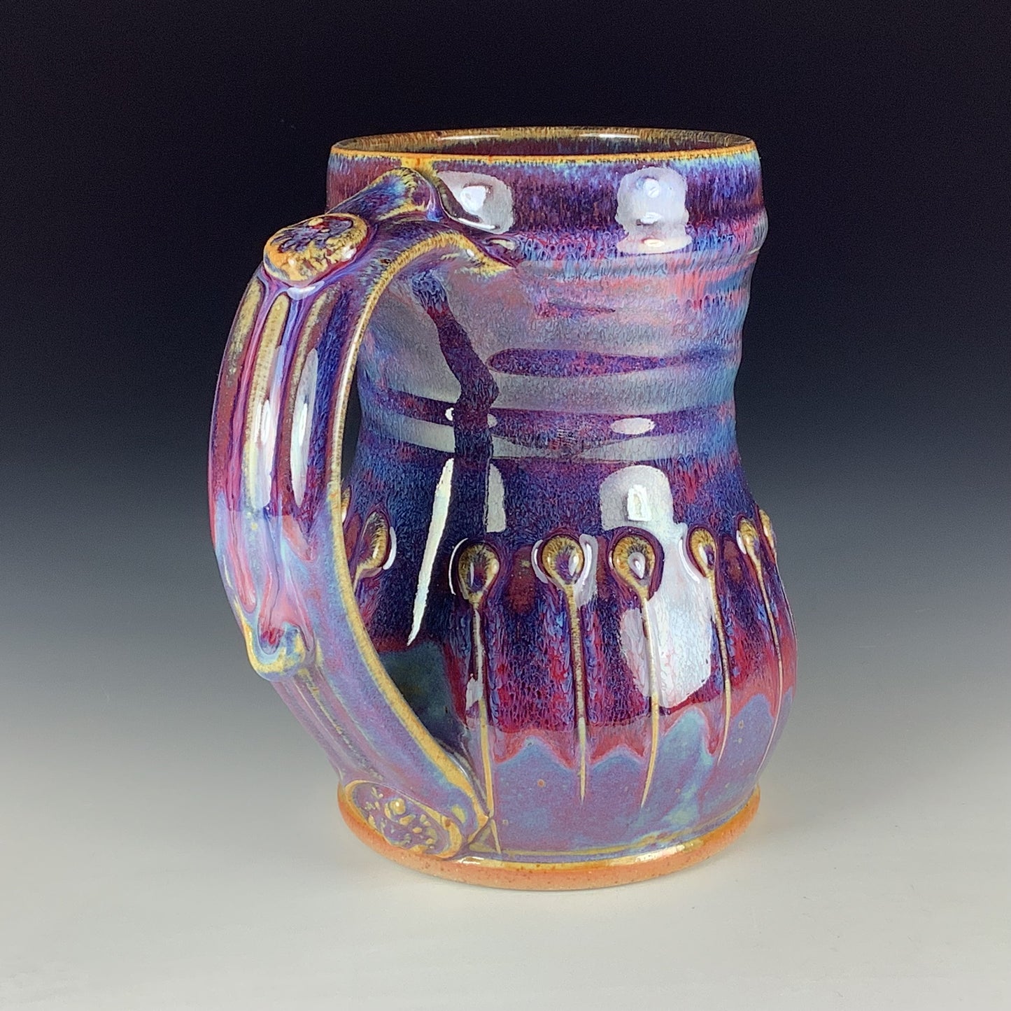 Handmade Stoneware Coffee Mug: Purple Red Glaze, Slip-Dotted