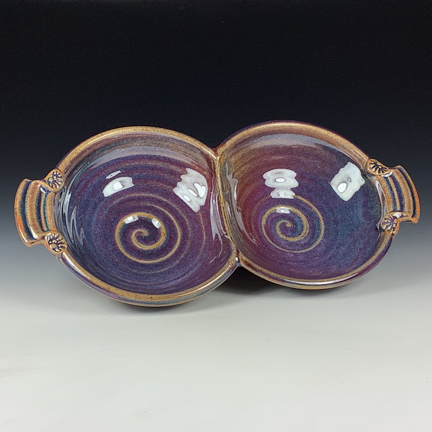 Handmade Ceramic Stoneware Pottery Serving Bowl or Centerpiece - Purple Glaze Double Bowl with Handles
