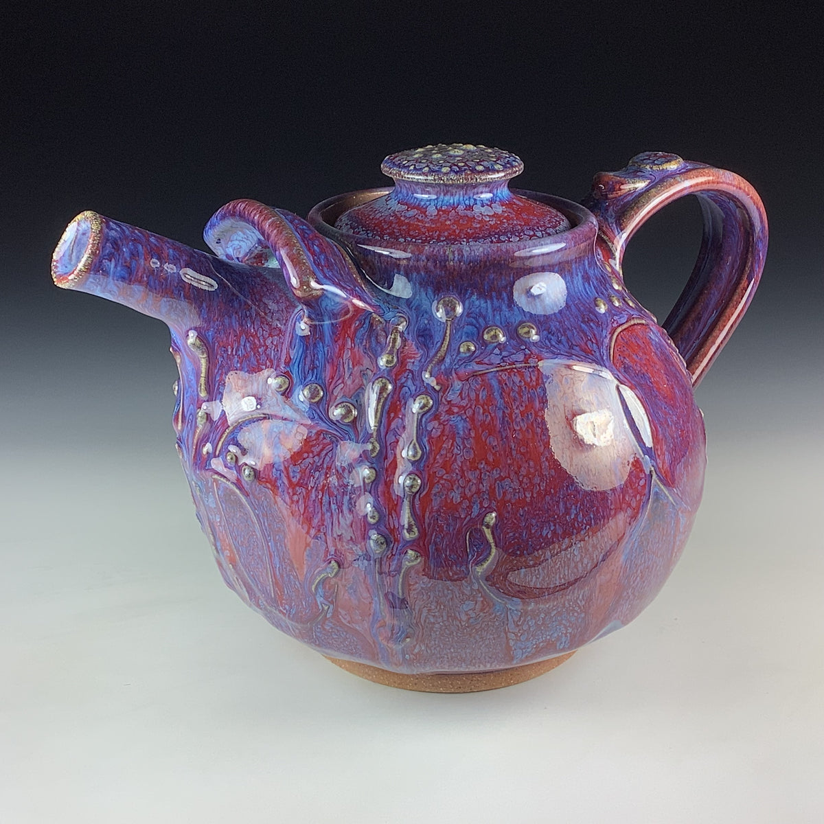 Handmade Ceramic Teapot: Purple Red Glaze, Slip Trailed Bamboo Stoneware