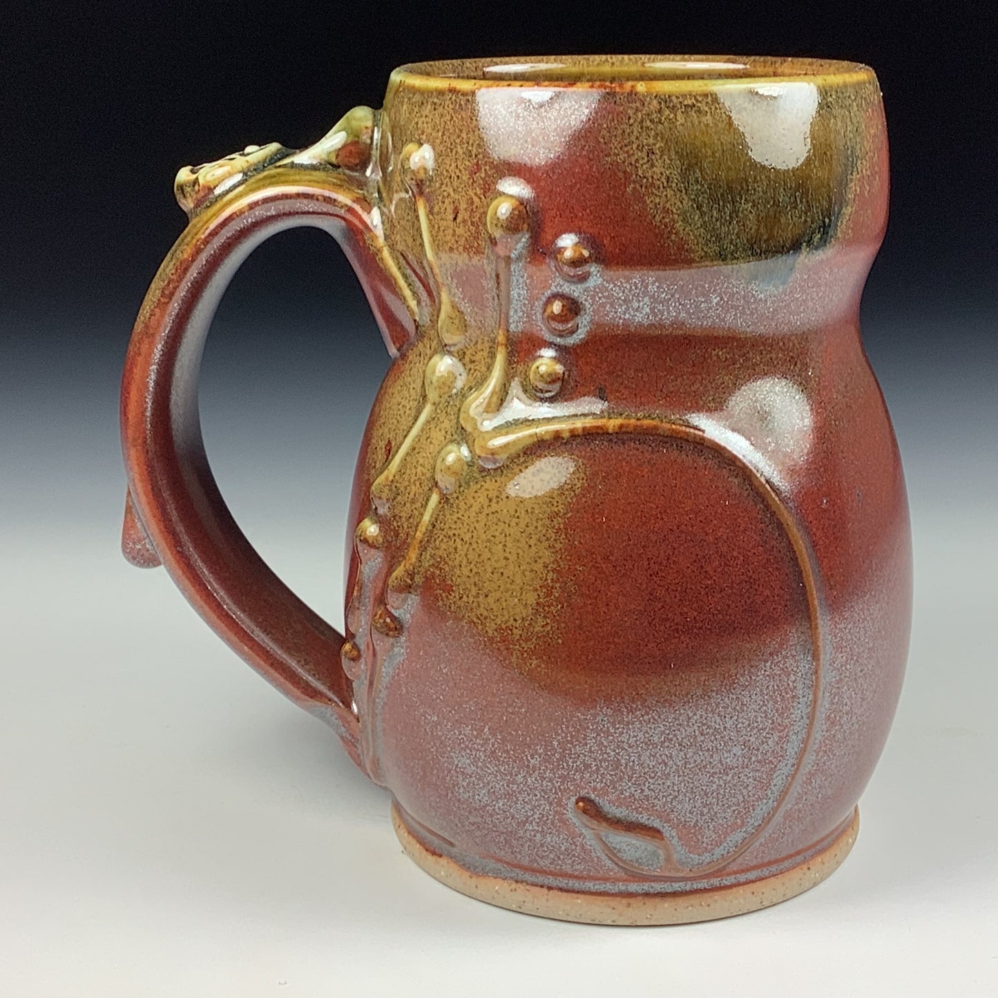 Handmade Ceramic Coffee Mug: Iron Red with White Ash Bamboo Slip Bump Stoneware Pottery - item 3787