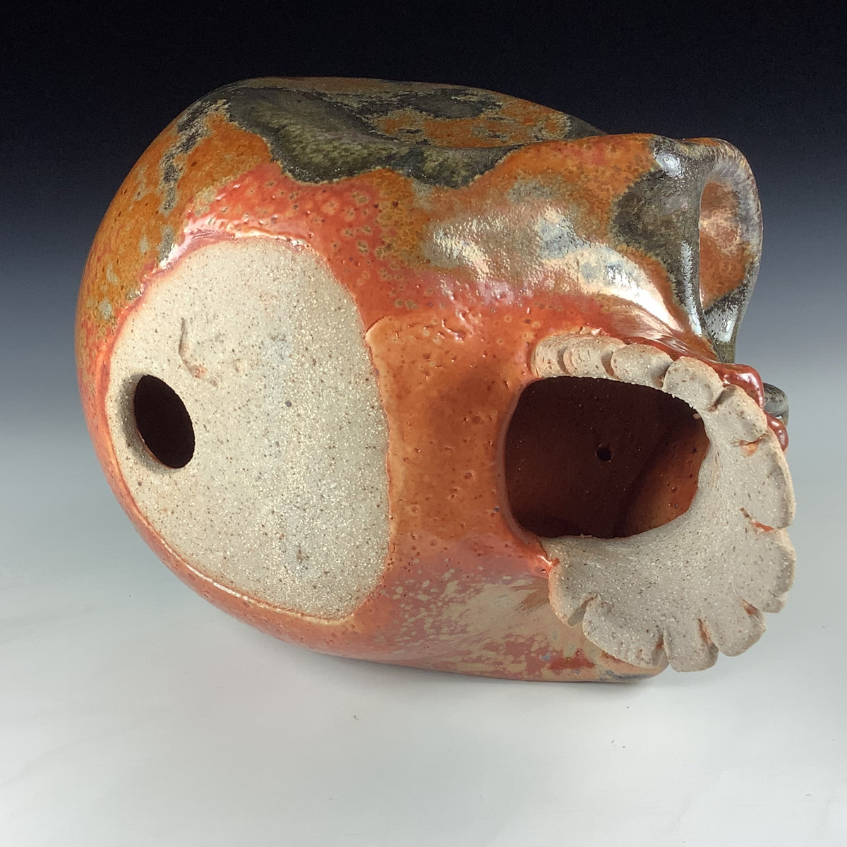 Handmade Shino Orange Ceramic Stoneware Pottery Skull