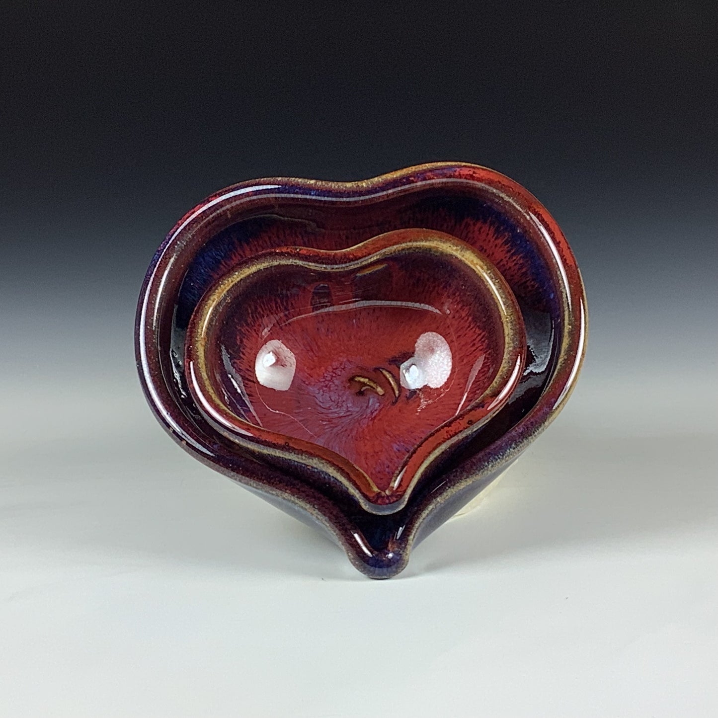 Handmade Ceramic Heart-Shaped Nesting Bowl Set of 2, Red Purple Glaze - Item 4027