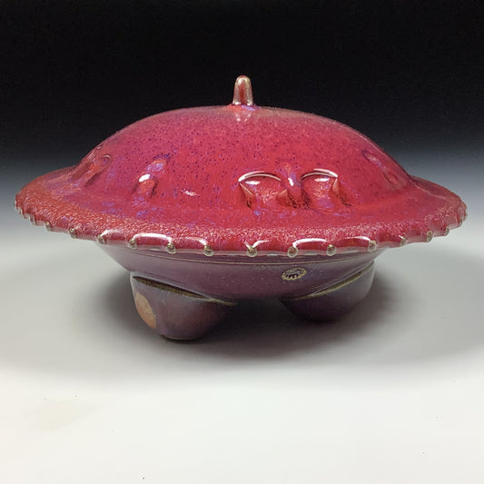 Handmade stoneware art abstract ceramic sculptures pottery decoration UFO - Red wheel thrown enclosed form altered sculpture - item 3821