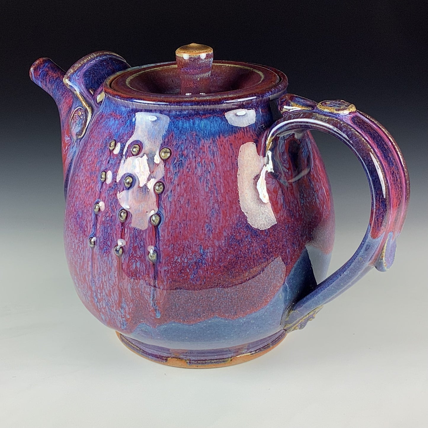 Handmade Ceramic Teapot: Purple Red Glaze, Slip Trailed Dotted Stoneware - Item 4088