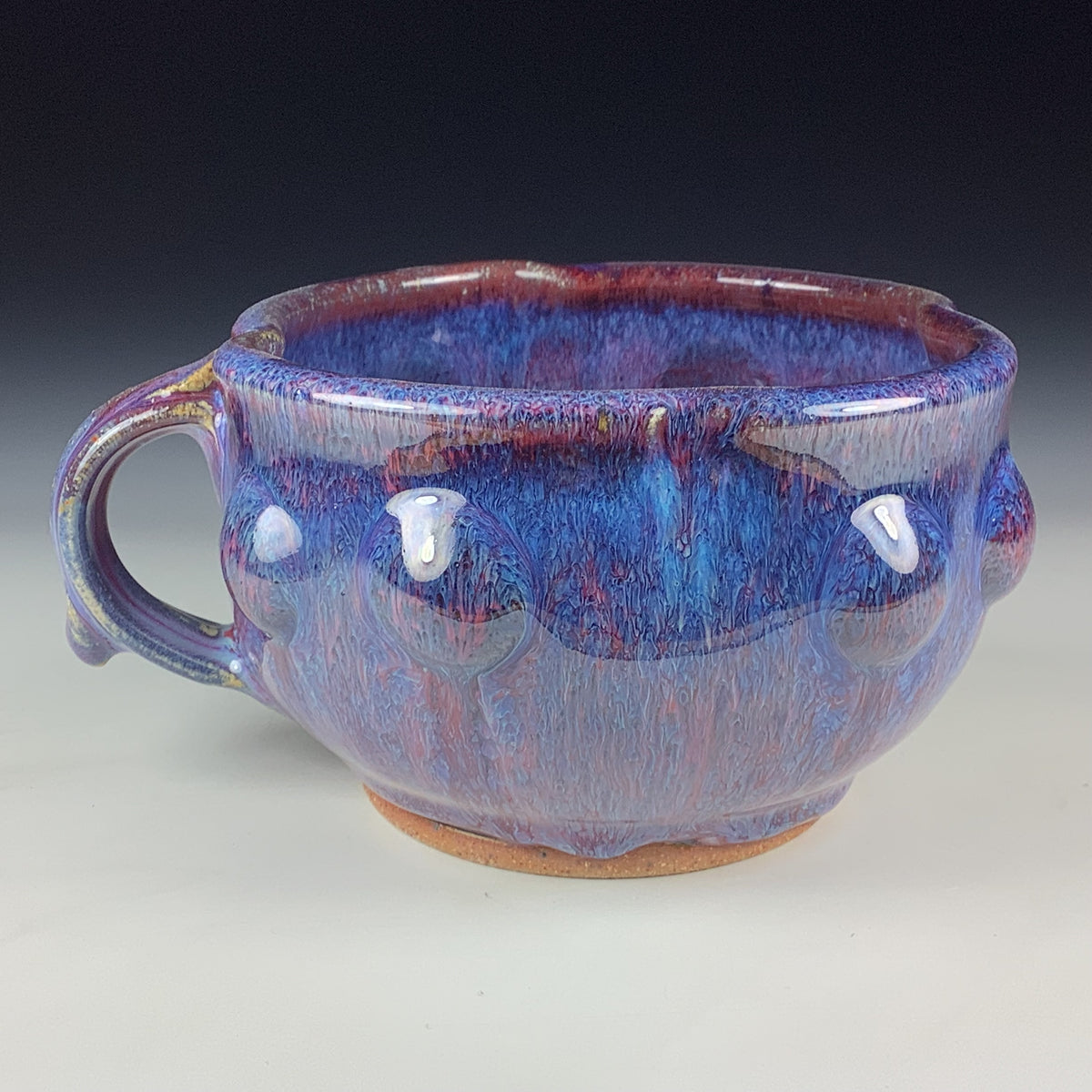 Handmade Ceramic Pottery Bowl with Handle, Red Purple Bump Glaze