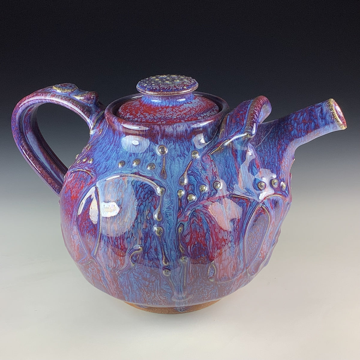 Handmade Ceramic Teapot: Purple Red Glaze, Slip Trailed Bamboo Stoneware