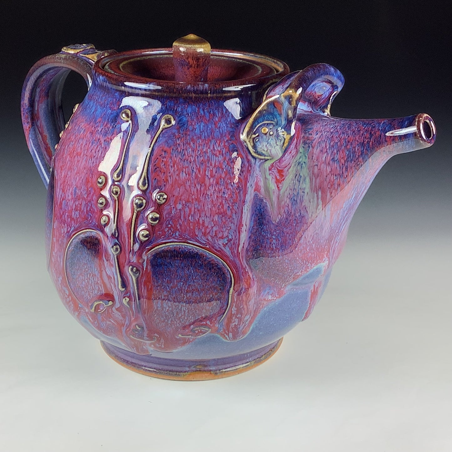 Handmade Ceramic Teapot: Purple Red Glaze, Slip Trailed Bamboo Stoneware - Item 4089