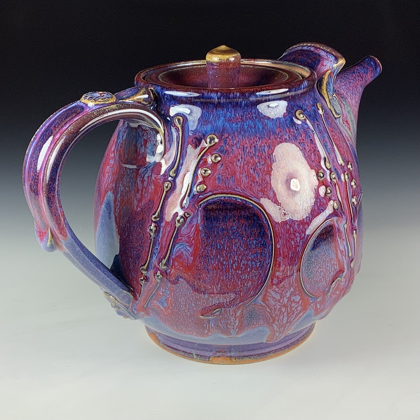 Handmade Ceramic Teapot: Purple Red Glaze, Slip Trailed Bamboo Stoneware - Item 4089