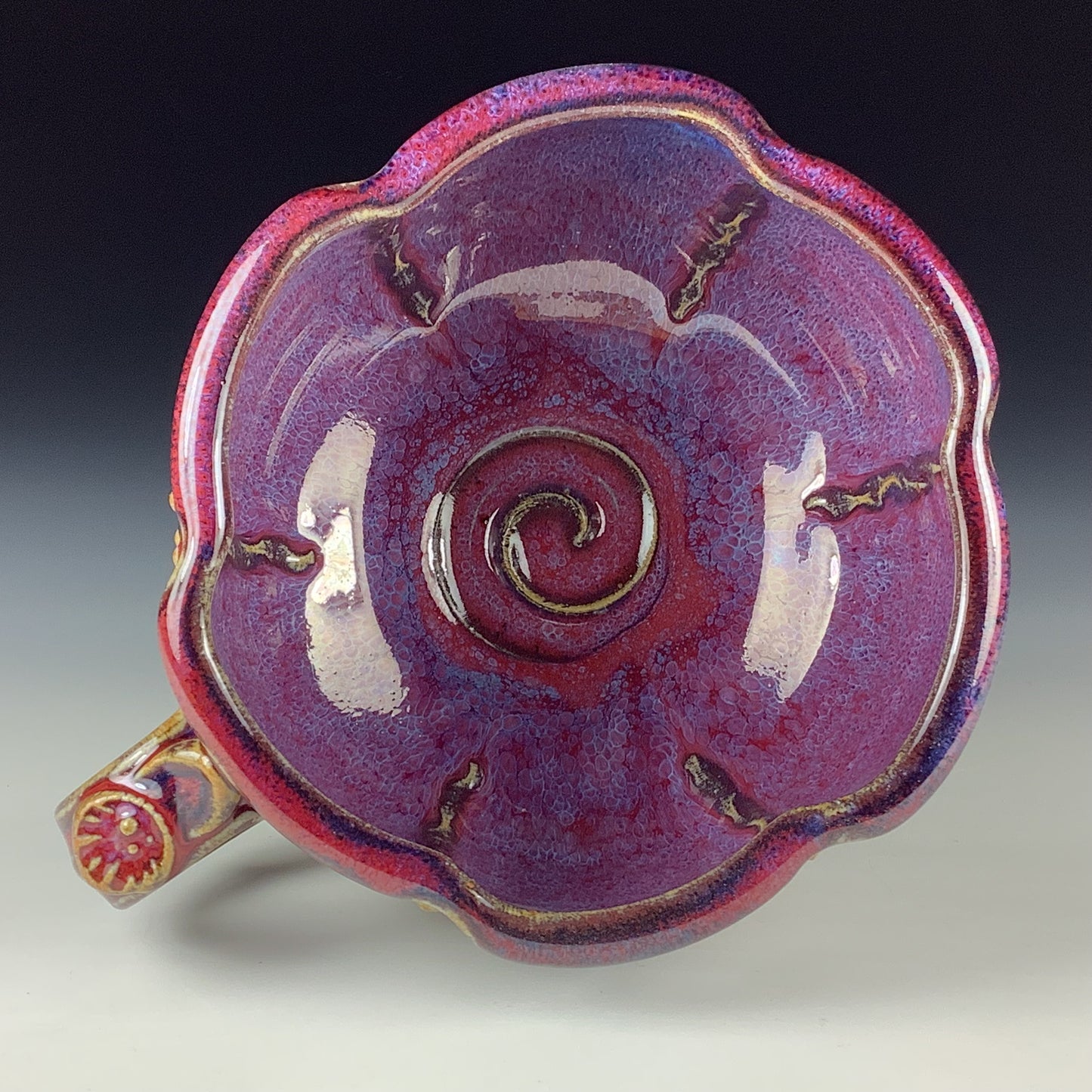 Handmade Ceramic Pottery Bowl with Handle, Slip Dotted Red Purple Glaze