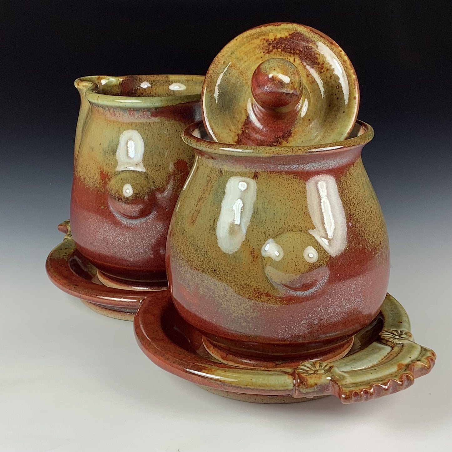 Handmade Stoneware pottery Cream & Sugar Set with Tray, Iron Red with White Ash Glaze - Item 4071