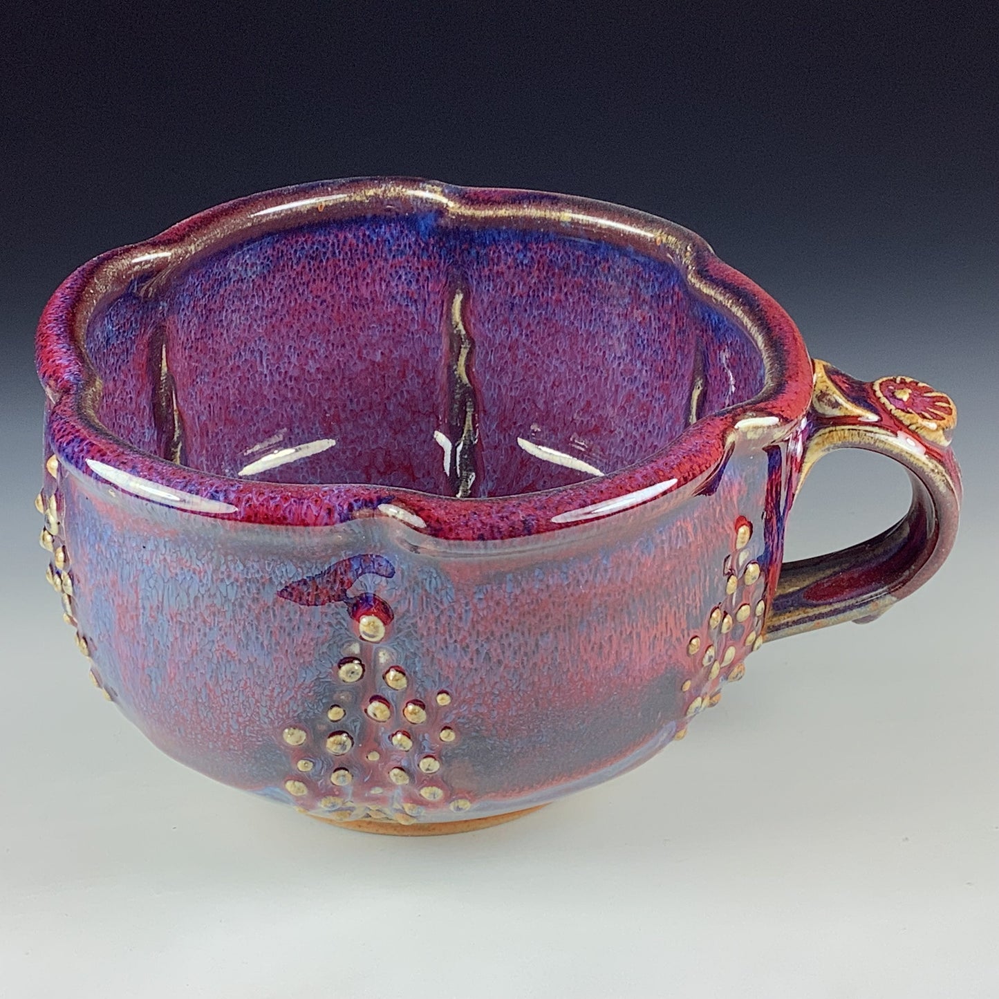 Handmade Ceramic Pottery Bowl with Handle, Slip Dotted Red Purple Glaze