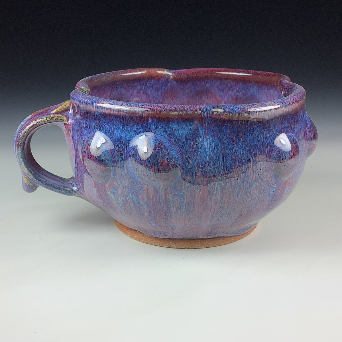 Handmade Ceramic Pottery Bowl with Handle, Red Purple Bump Glaze