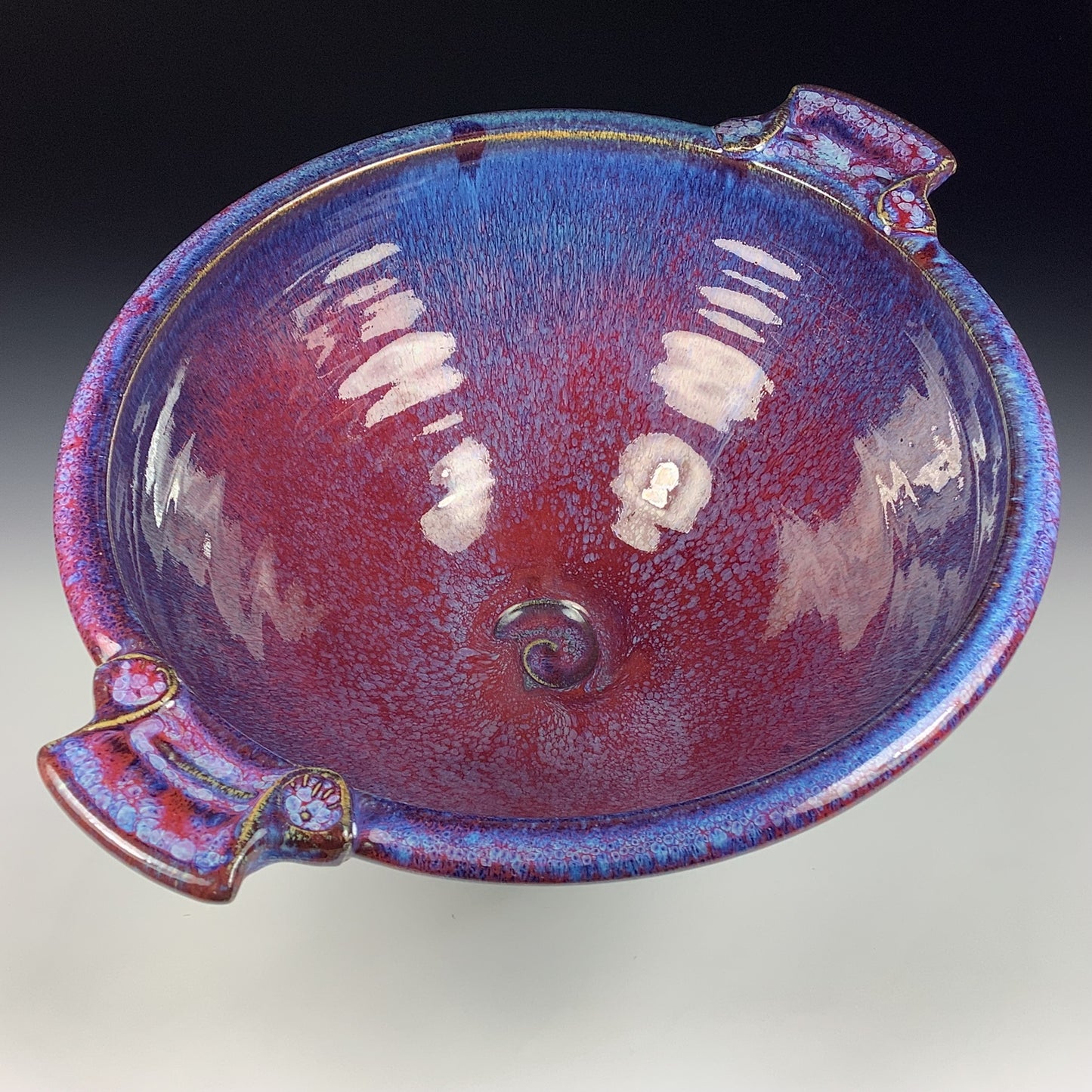 Handmade Large Red Purple Glazed with Handles Stoneware Serving Bowl: Artisan Pottery Centerpiece - item 3936