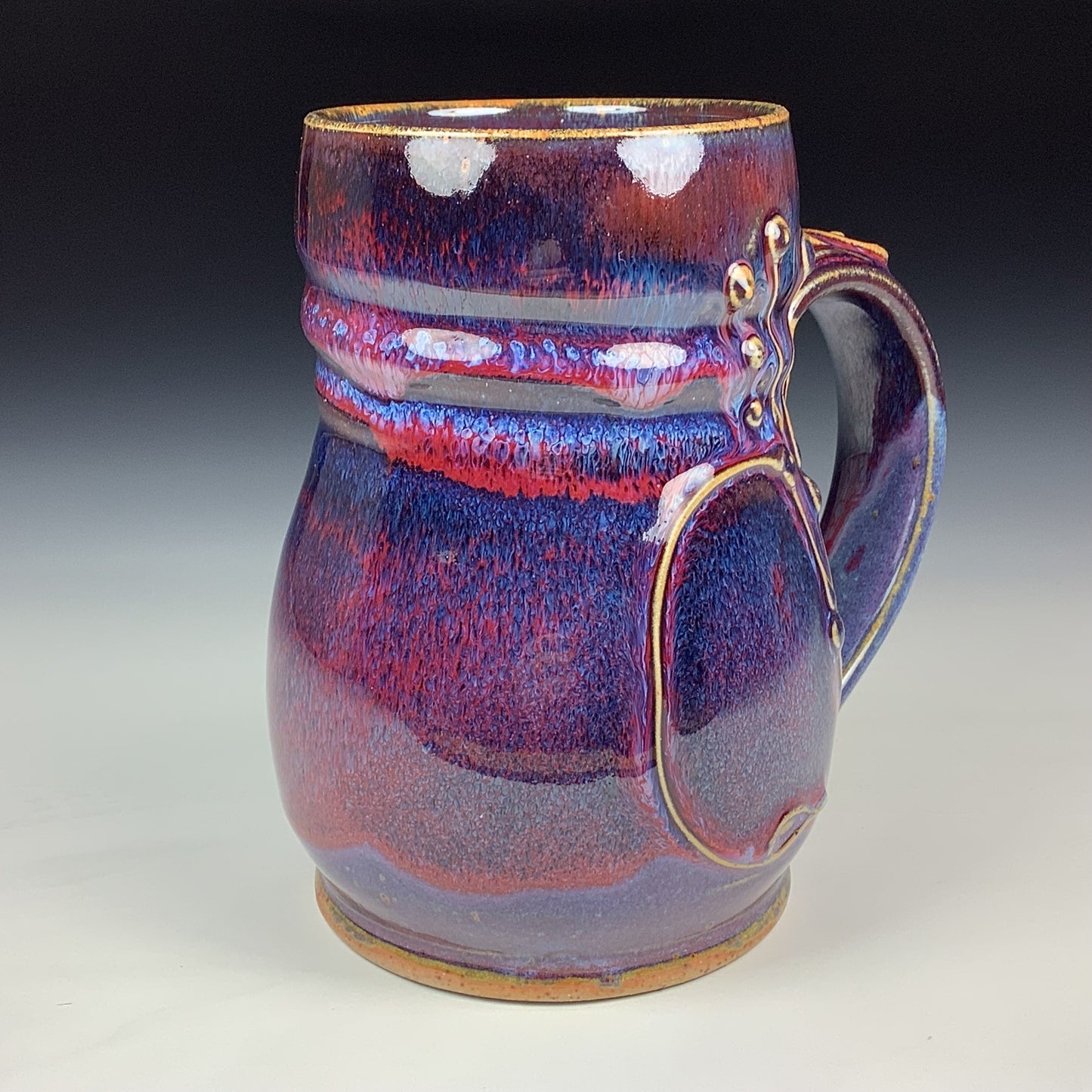 Handmade Stoneware Coffee Mug: Red Purple Glaze, Slip-Dotted Bamboo - Mug 3975