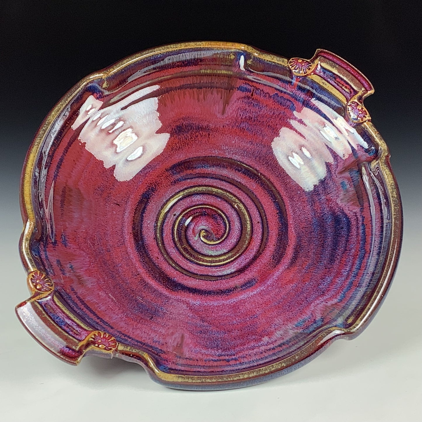 Handmade Stoneware Pottery Red Purple Glazed Serving Dish with Handles - Item 4078