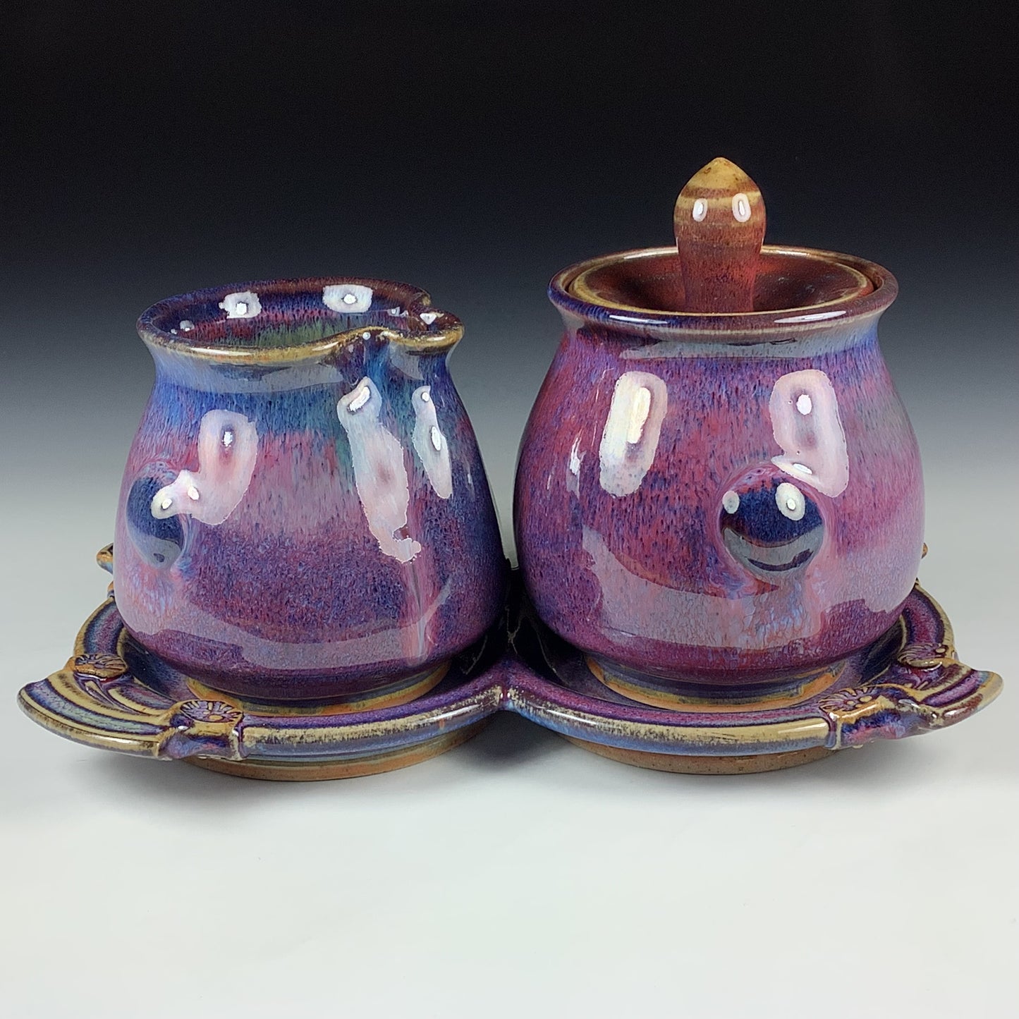 Handmade Stoneware pottery Cream & Sugar Set with Tray, Red Purple Bump Glaze - Item 4069