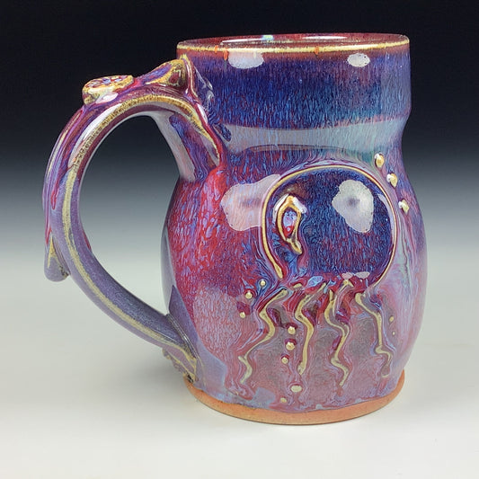 Handmade ceramic mugs stoneware coffee mugs pottery tea mugs stoneware drinkware - Purple red jellyfish slip bump mug 3763