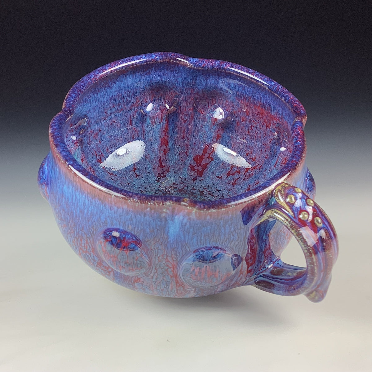 Handmade Ceramic Pottery Bowl with Handle, Red Purple Bump Glaze