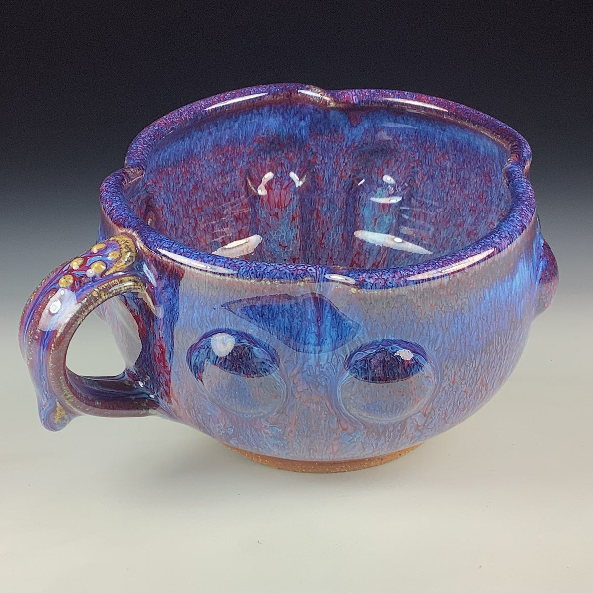 Handmade Ceramic Pottery Bowl with Handle, Red Purple Bump Glaze