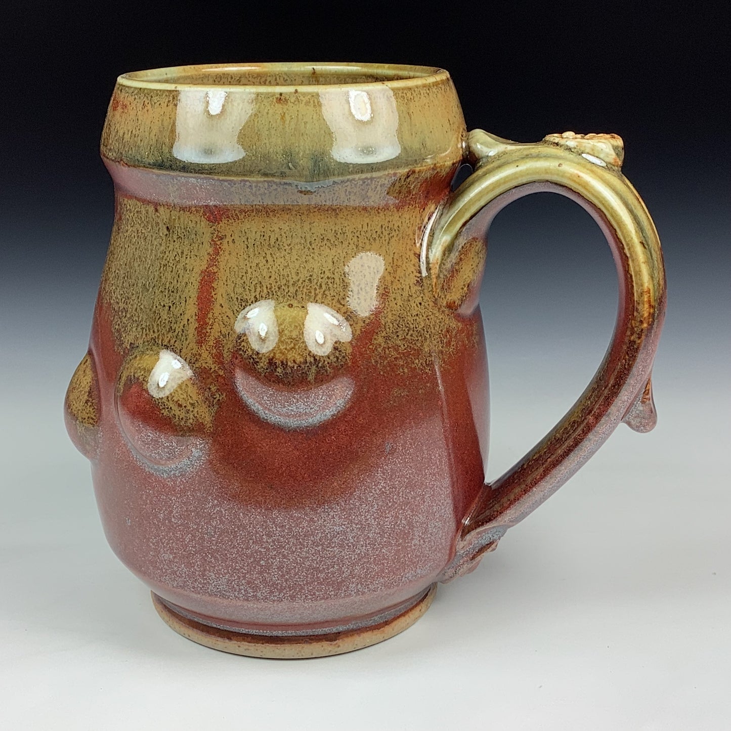 Handmade Stoneware Coffee Mug: Iron Red with White Ash Glaze, Bump Pottery Tea Mug - Mug 3983