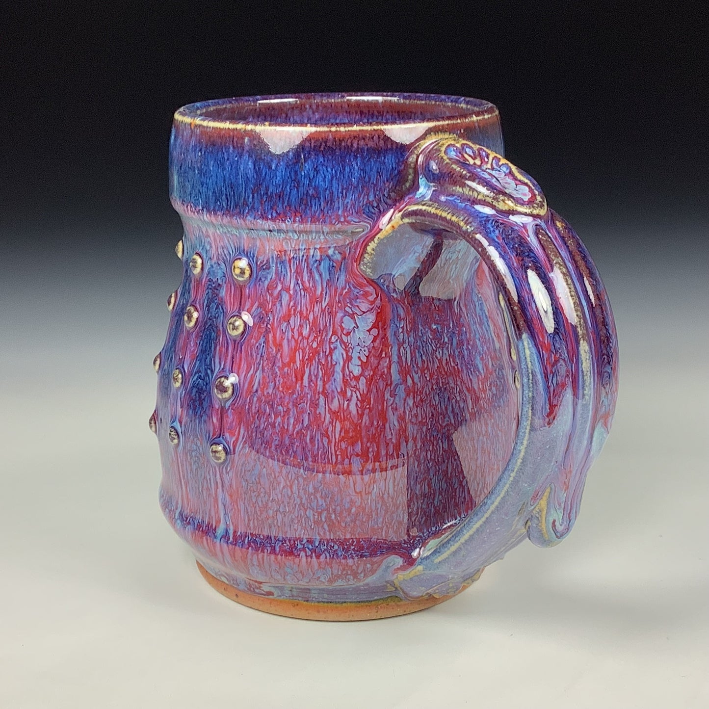 Handmade ceramic mugs stoneware coffee mug pottery tea mugs stoneware drinkware - purple red slip trail dot bamboo item 3865