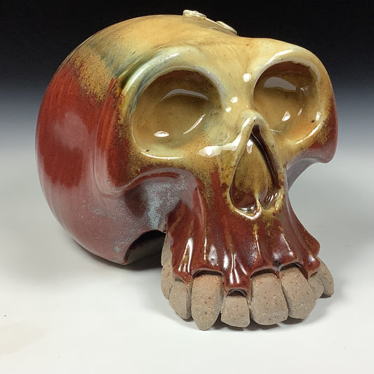 Handmade stoneware art abstract ceramic sculptures pottery decoration skull - Iron red with white ash wheel thrown enclosed form altered skull sculpture - item 3828