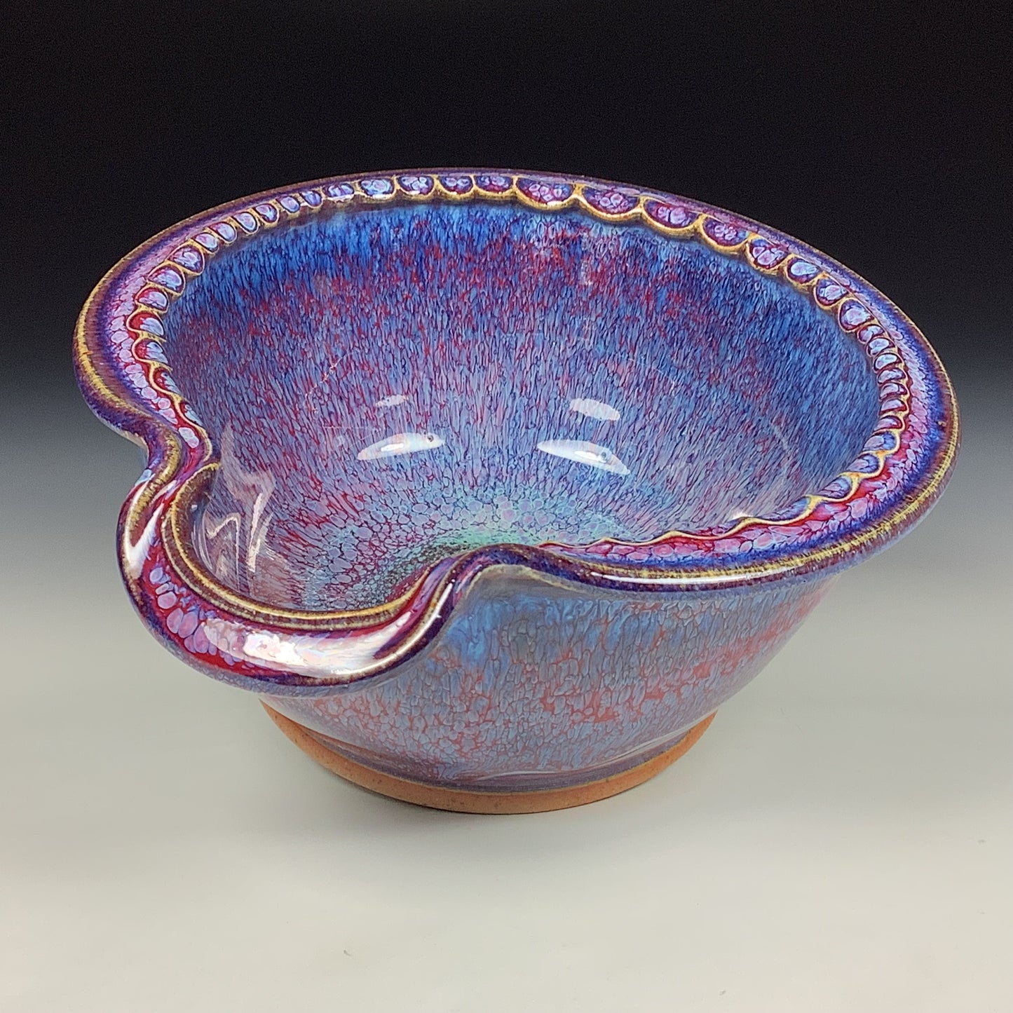 Handmade ceramic deep spoon rest stoneware pottery kitchenware - Purple red dotted rim item 3866