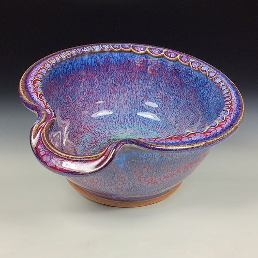Handmade ceramic deep spoon rest stoneware pottery kitchenware - Purple red dotted rim item 3866