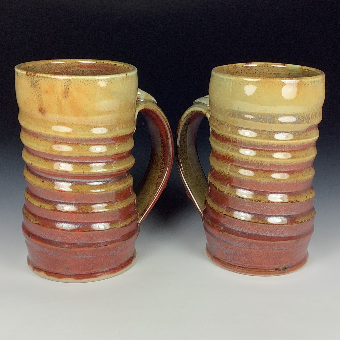 Handmade Wiggle Pottery Coffee Mugs, Iron Red & White Ash Glaze, Set of Two - Item 3939