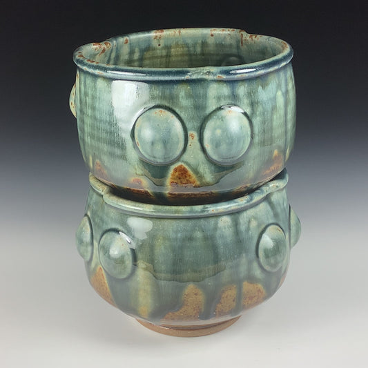 Handmade dinner sets ceramic stoneware pottery dinnerware set of two bowls - Green ash bump stacking bowls - item 1605