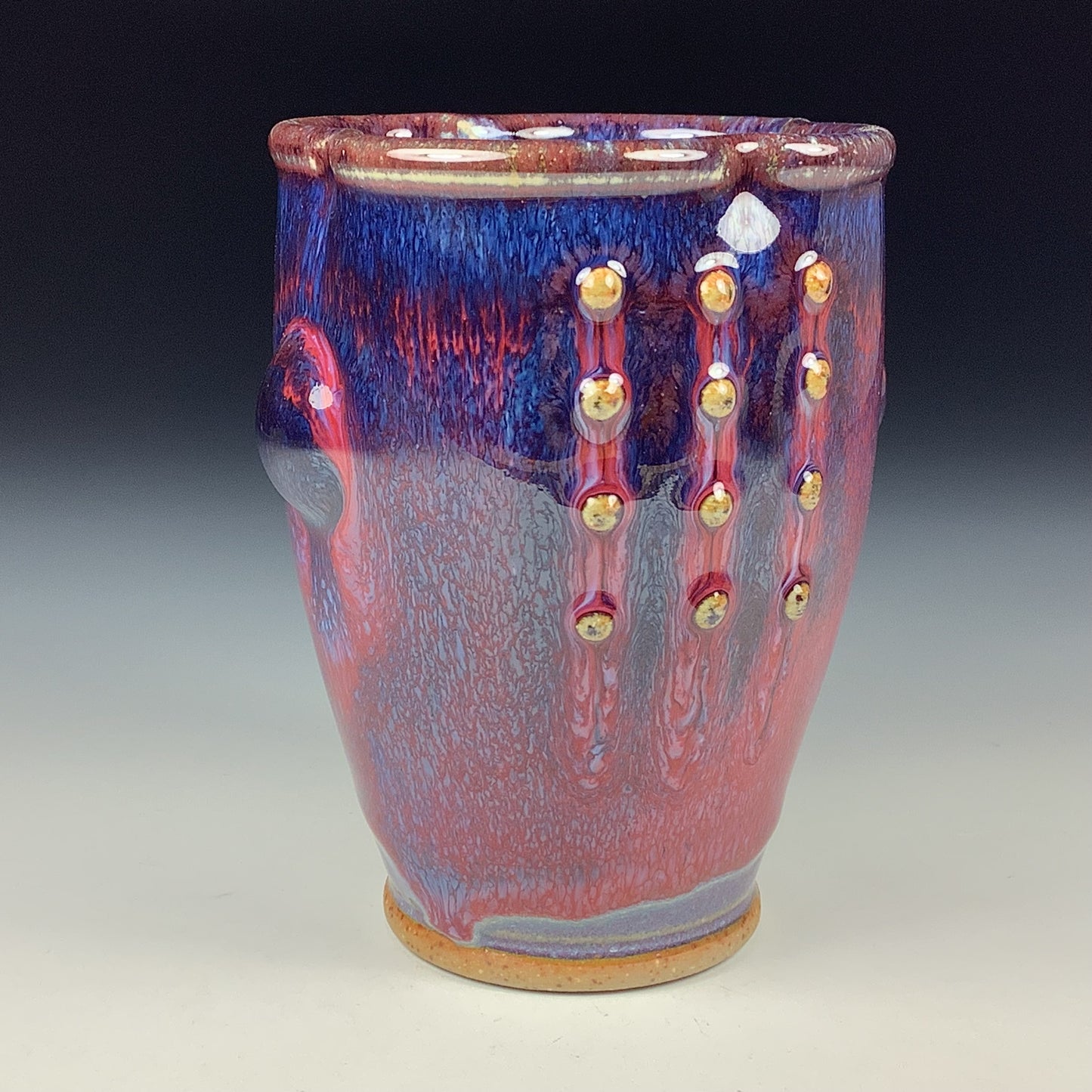 Handmade stoneware small pottery cup dinnerware- Purple red slip dotted bump - item 3351