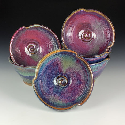 Handmade dinner sets ceramic pottery bowl stoneware dinnerware sets of six - Purple red scalloped rim stackable bowl - item 2315
