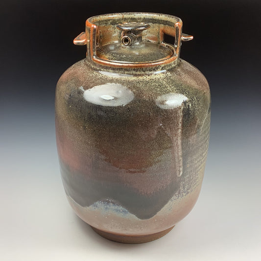 Handmade stoneware art abstract ceramic sculptures pottery decoration propane tank coin jar - Large orange shino - item 3582