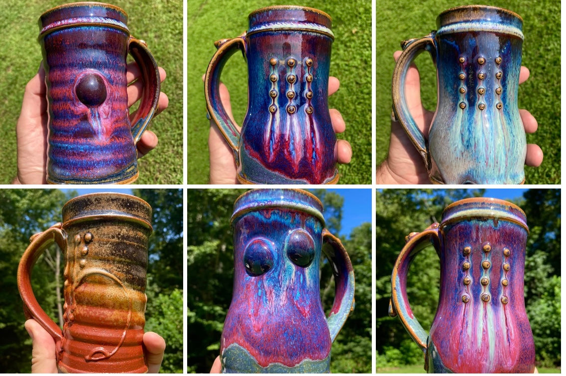 Handmade ceramic mugs stoneware coffee mugs pottery tea mugs cup stoneware drinkware- Purple pink slip dotted - item 3466