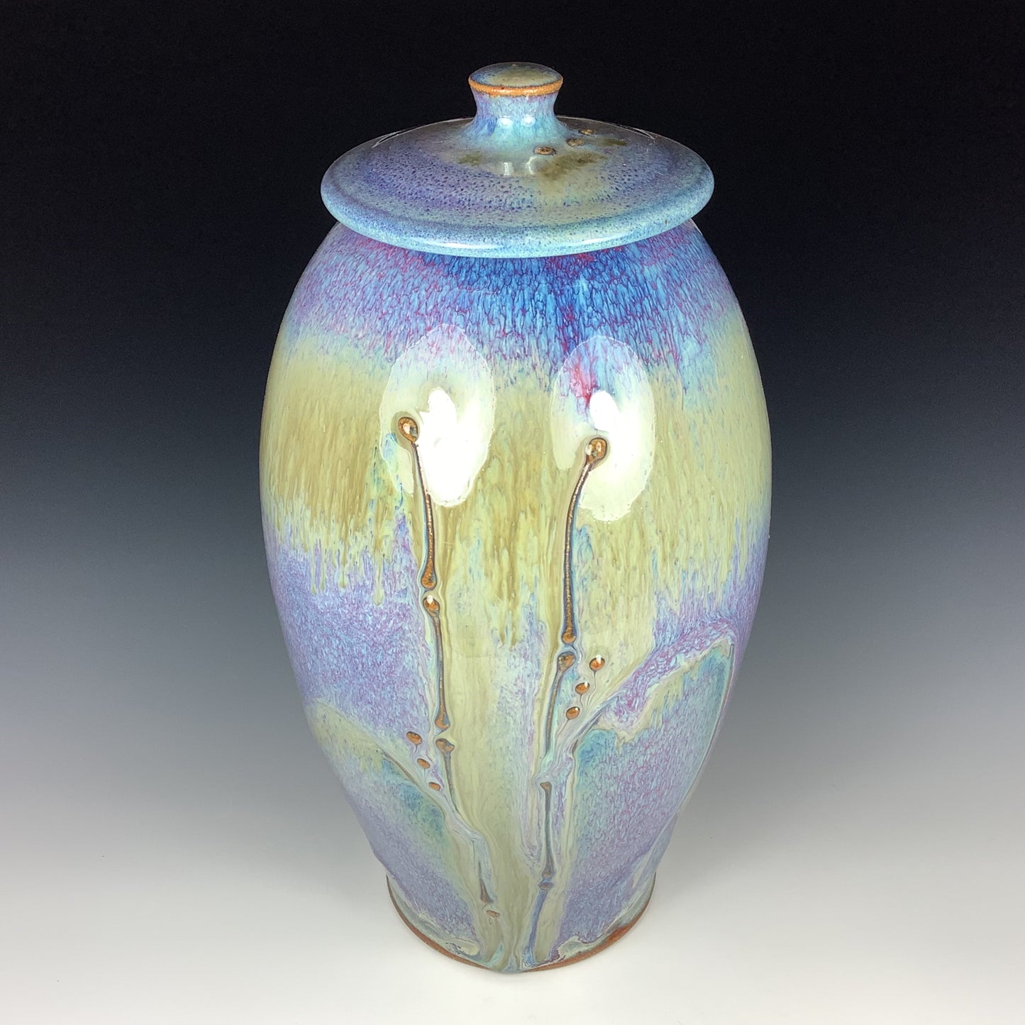 Handmade ceramic stoneware pottery jar decoration -Purple yellow bamboo tall jar - item 2976