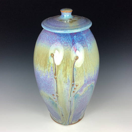 Handmade ceramic stoneware pottery jar decoration -Purple yellow bamboo tall jar - item 2976