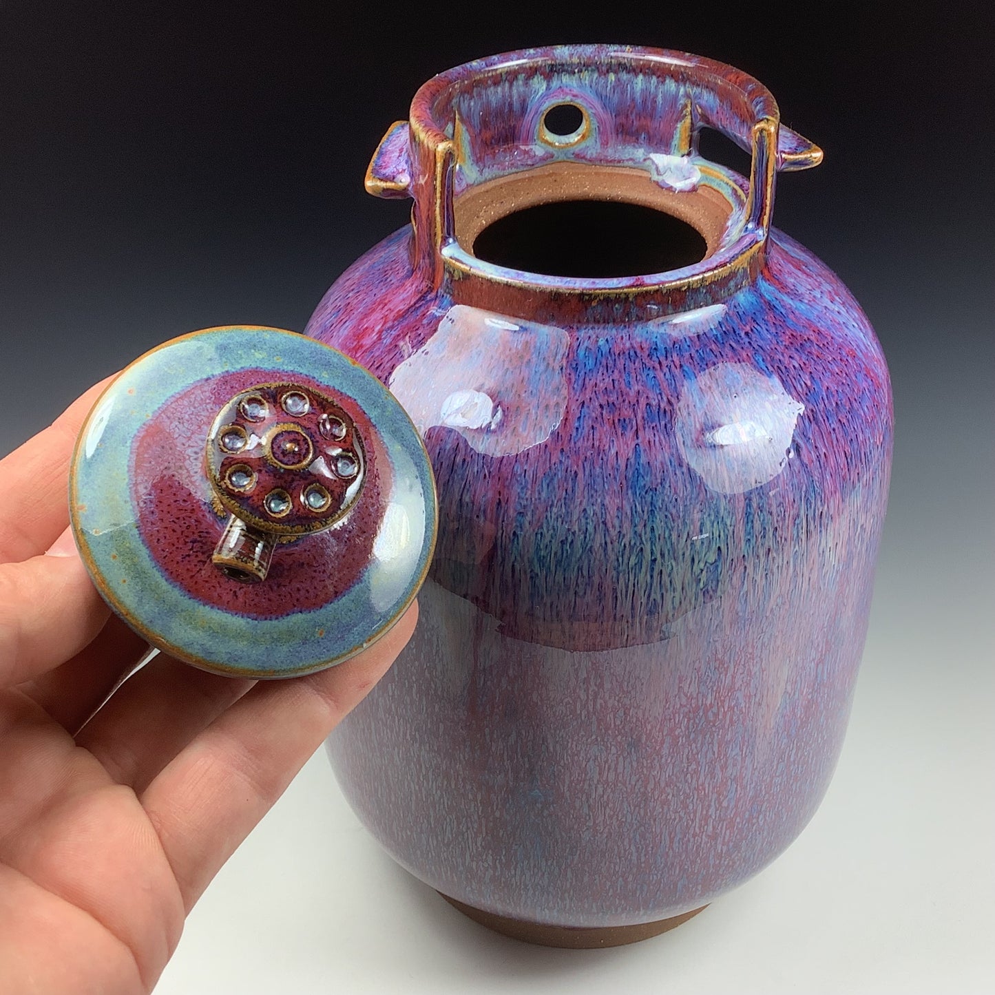 Handmade stoneware art abstract ceramic sculptures pottery decoration propane tank coin jar - Large purple - item 3580