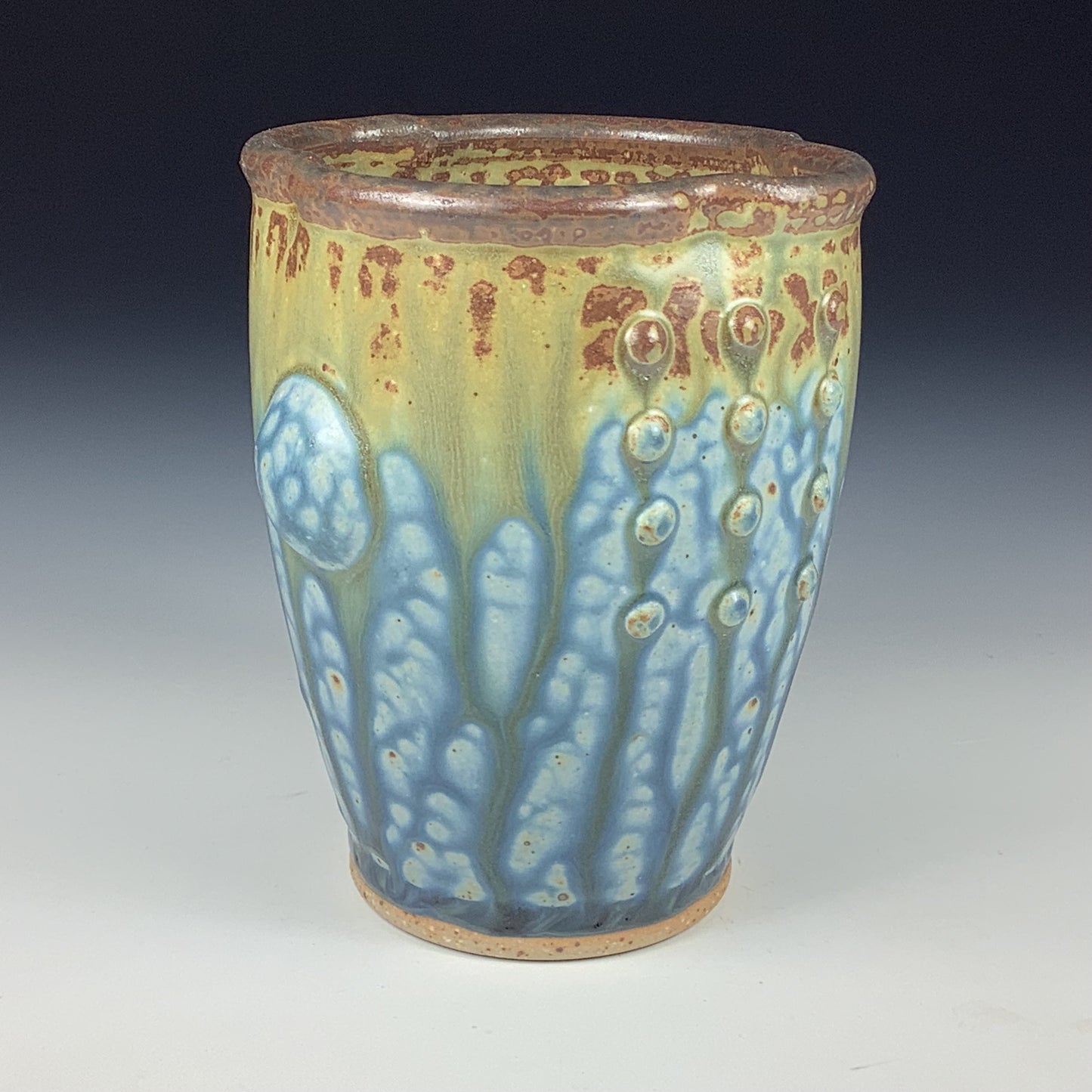 Handmade stoneware small pottery cup - Blue brown ash slip dotted bump - item 3344
