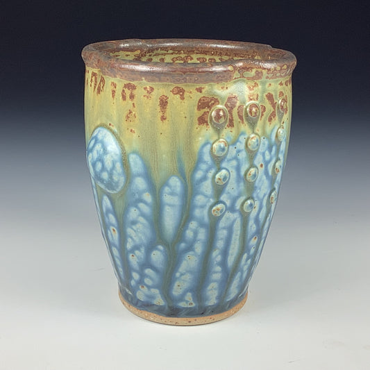 Handmade stoneware small pottery cup - Blue brown ash slip dotted bump - item 3344