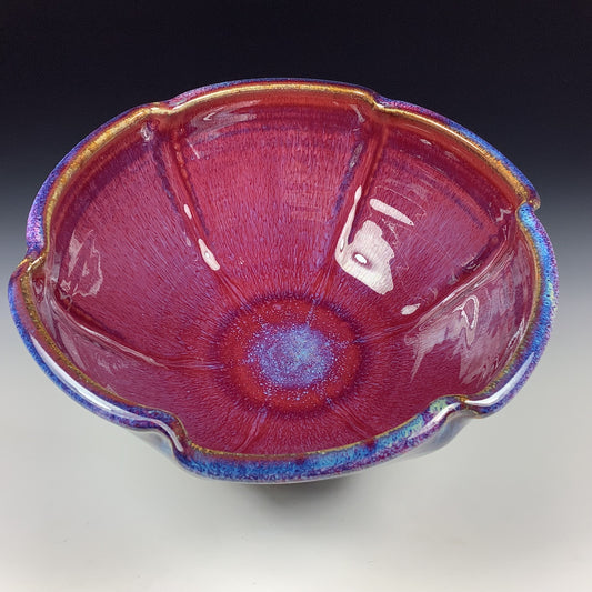 Handmade ceramic artisanal pottery bowls dinnerware stoneware serving bowls centerpiece - Medium bright red scalloped rim - item 3287