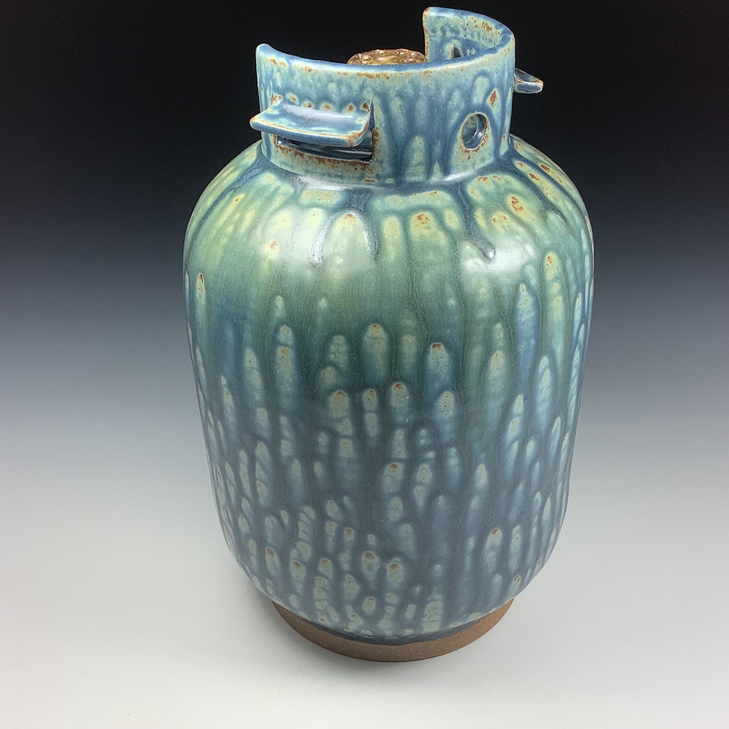 Handmade stoneware art abstract ceramic sculptures pottery decoration propane tank coin jar - Large ash blue green - item 581