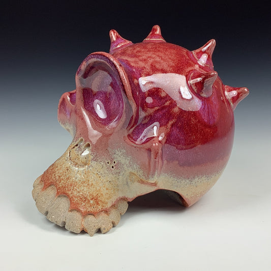 Handmade stoneware art abstract ceramic sculptures pottery decoration skull - Orange shino red wheel thrown enclosed form altered skull sculpture - item 2884